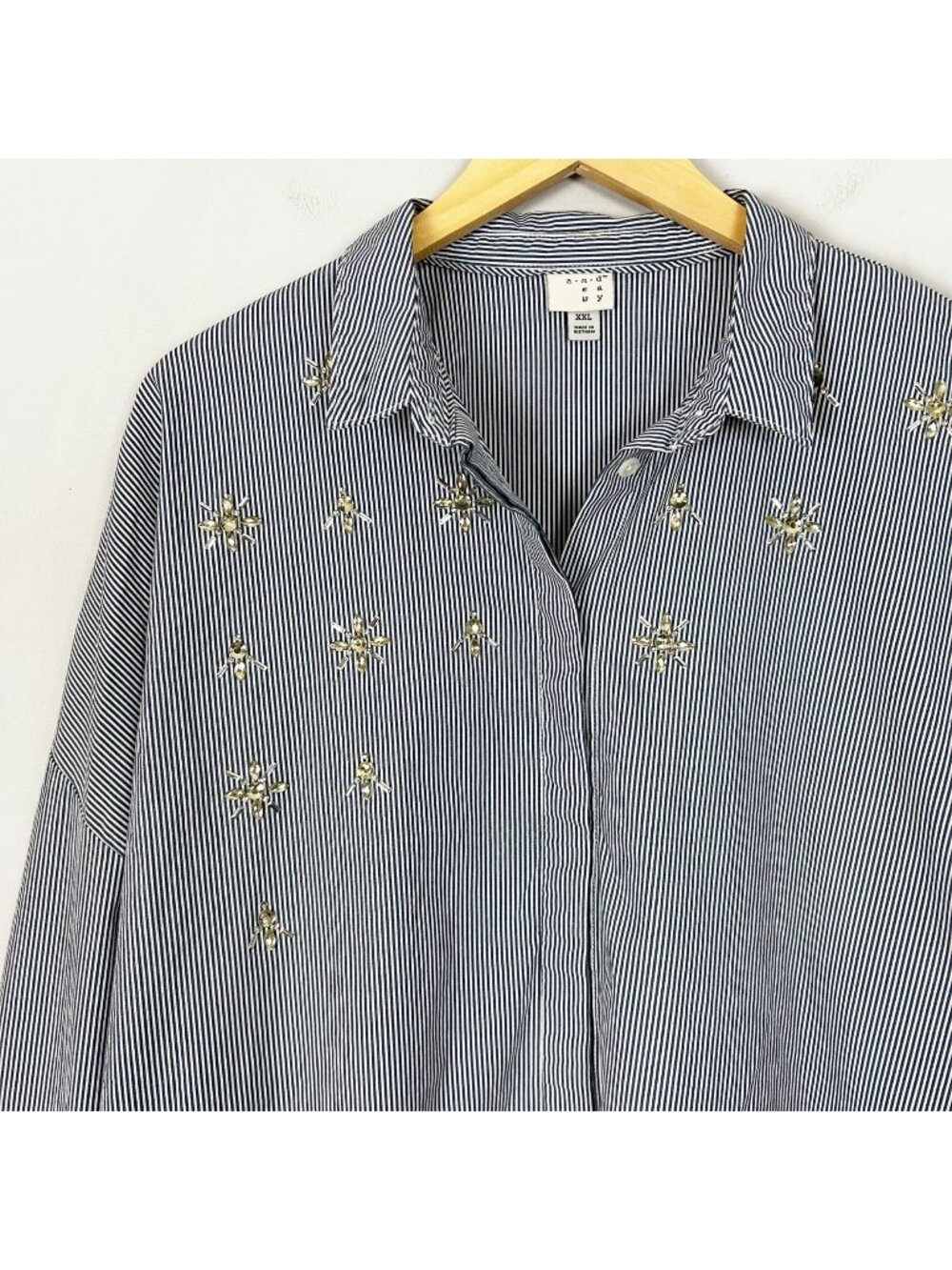 Women's Blue Striped Button Down Shirt Beaded Embellished Spring Size XXL